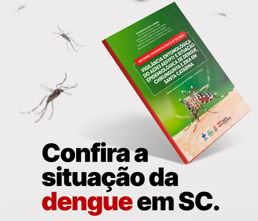 A imagem é um material informativo sobre a dengue em Santa Catarina.  No centro, há a foto de um relatório com capa verde e vermelha, intitulado: "Informe Epidemiológico nº 05/2023 – Vigilância Entomológica do Aedes aegypti e Situação Epidemiológica de Dengue, Chikungunya e Zika em Santa Catarina", acompanhado da foto de um mosquito Aedes aegypti.  Ao redor, há ilustrações de mosquitos voando, reforçando o tema.  Na parte inferior, em letras grandes e destacadas, lê-se: "Confira a situação da dengue em SC.", com a palavra dengue em vermelho para dar ênfase.  O material inclui logotipos do SUS, da DIVE/SC e do Governo do Estado de Santa Catarina.