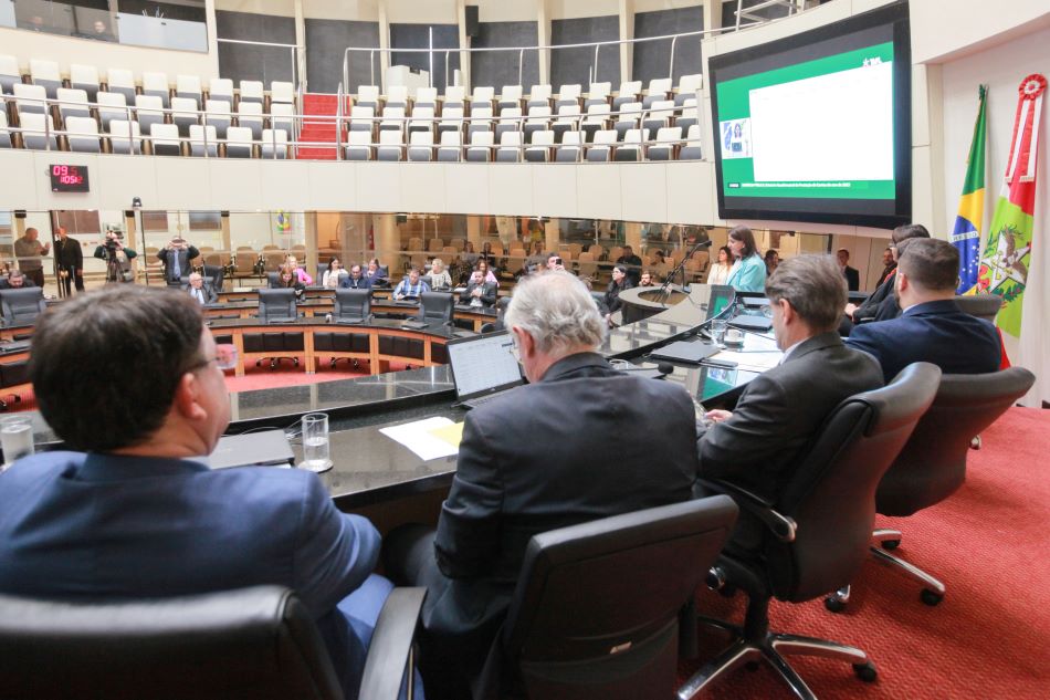 Sessão em plenário de assembleia legislativa com diversos parlamentares e convidados sentados em formato semicircular. Mulher fala ao microfone ao fundo, com apresentação projetada em telão. À direita, bandeiras do Brasil e de Santa Catarina. Público acompanha ao fundo nas galerias.