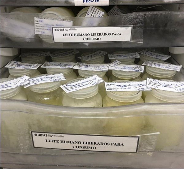 Prateleiras refrigeradas contendo diversos frascos de vidro com leite humano, todos rotulados com informações identificadoras. As etiquetas nas prateleiras indicam que o conteúdo está liberado para consumo. Trata-se de um Banco de Leite Humano, utilizado para alimentação de recém-nascidos internados.