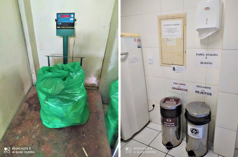 Montagem com duas fotos. À esquerda, sacos verdes cheios de resíduos sobre uma balança eletrônica de chão, indicando um processo de pesagem. À direita, um canto de ambiente interno com duas lixeiras de inox com tampa e pedal: uma identificada como "Exclusivo para orgânicos" com tampa marrom e outra como "Exclusivo para rejeitos" com tampa cinza. Acima das lixeiras, na parede, há avisos indicando que "Papel toalha é rejeito". Ao lado, há um dispensador de papel toalha e um refrigerador.