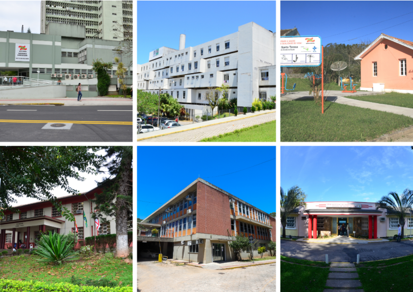 Montagem com seis fotos de diferentes unidades de saúde. Cada imagem mostra a fachada de um hospital ou centro de atendimento do Sistema Único de Saúde (SUS) em diferentes regiões, com arquitetura variada — de prédios modernos a construções mais antigas — todas sob céu limpo e em áreas urbanas ou semiurbanas.