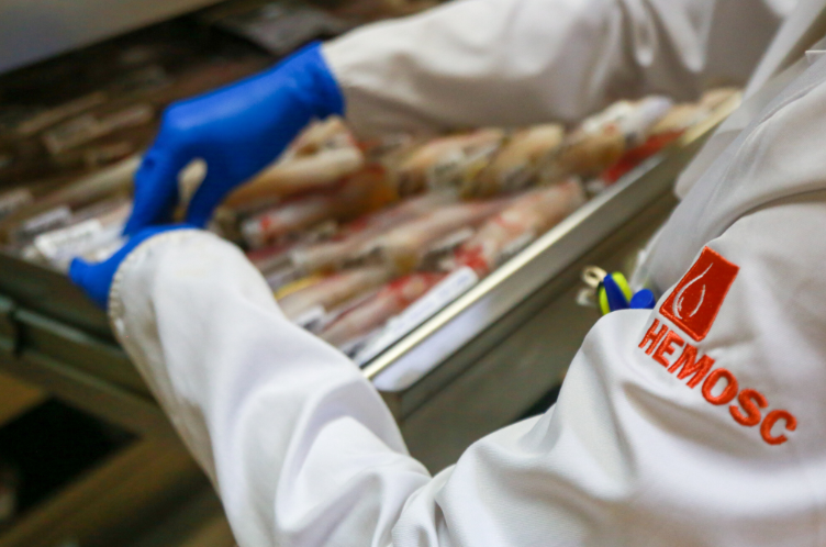 Profissional de saúde do HEMOSC, vestindo jaleco branco com logotipo bordado e luvas azuis, manuseando bolsas de sangue armazenadas em gaveta refrigerada.