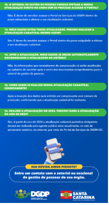 Cartaz vertical com fundo azul, destacando o título "Atualização Cadastral Obrigatória", com o período de 01/10 a 31/10. Abaixo, uma seção com o título "Perguntas Frequentes" responde 16 questões comuns sobre o processo, como quem deve atualizar os dados, onde realizar, o que fazer em caso de erro ou inconsistência, e o que acontece se não for feito. Ícones de megafone e calendário ilustram o material. No rodapé, há uma imagem de uma mão segurando um celular com a tela do sistema.