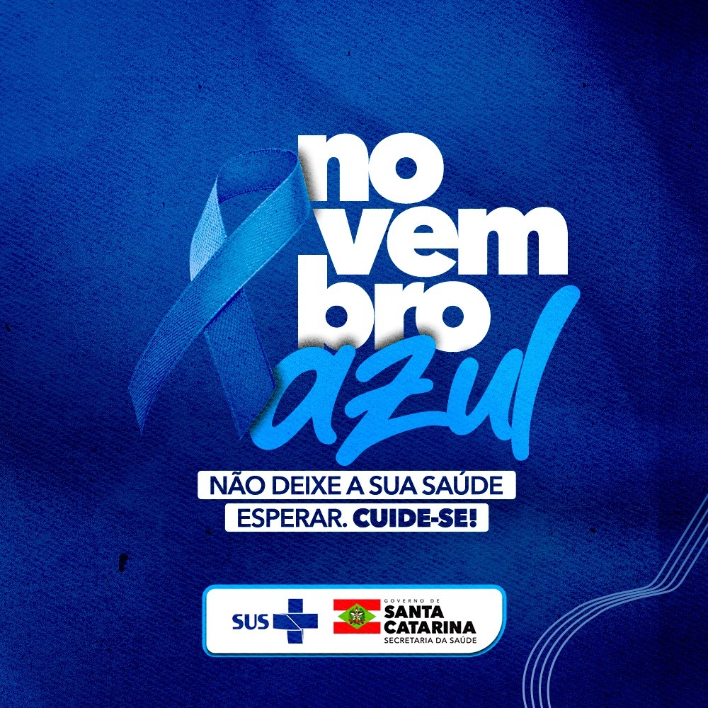A imagem é um cartaz de campanha do Novembro Azul, com fundo em tons de azul e um laço azul no lado esquerdo, símbolo da conscientização sobre a saúde do homem e prevenção do câncer de próstata.  O texto no cartaz diz:  "Novembro Azul" (com “azul” escrito em fonte cursiva e cor azul clara).  "Não deixe a sua saúde esperar. Cuide-se!"  Na parte inferior, há as logomarcas do SUS e do Governo de Santa Catarina – Secretaria da Saúde.