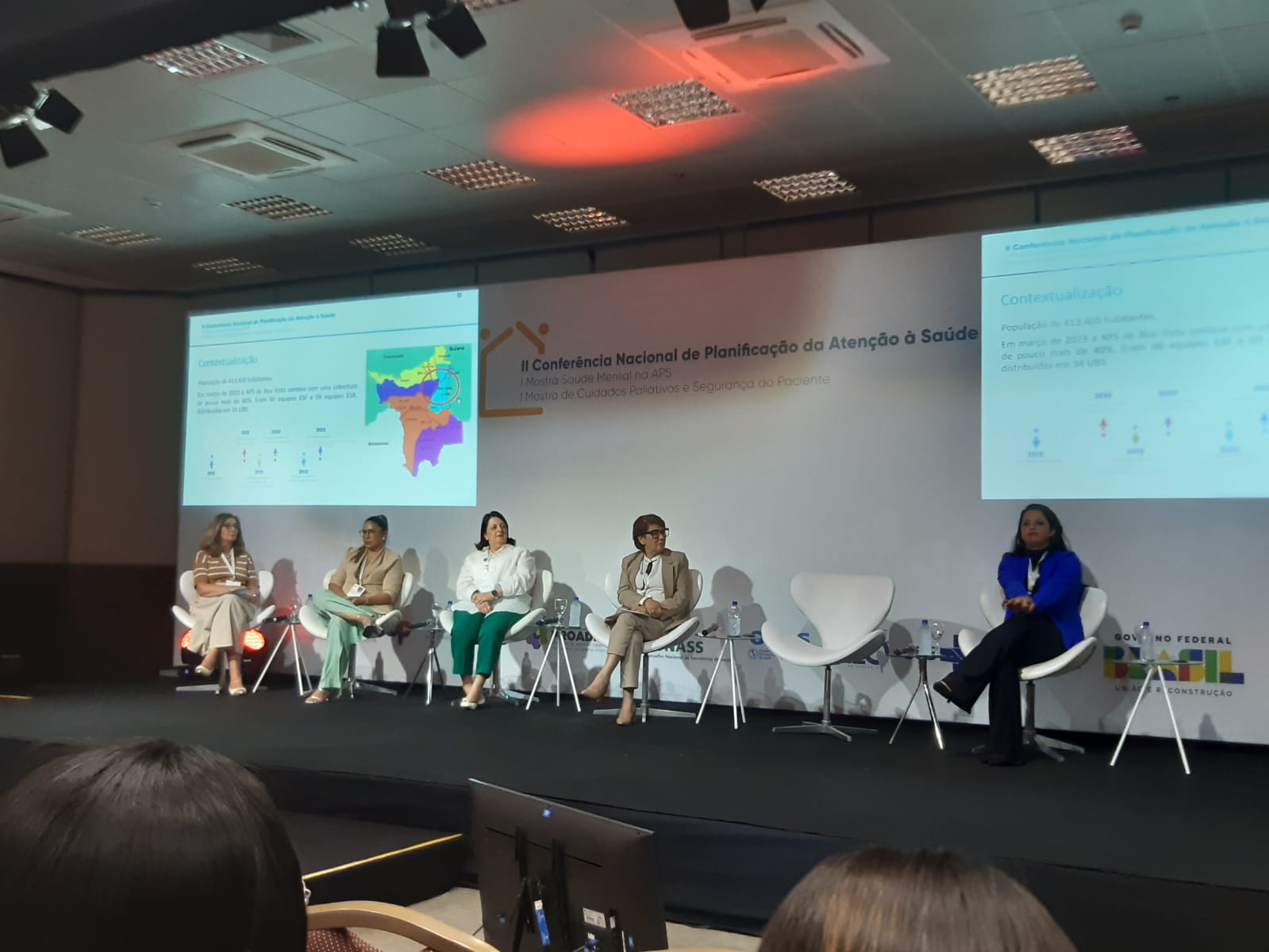 A imagem mostra um painel de debate durante a II Conferência Nacional de Planificação da Atenção à Saúde, evento que também inclui a I Mostra Saúde Mental na APS, a I Mostra de Cuidados Paliativos e Segurança do Paciente. Cinco mulheres estão sentadas no palco, cada uma em uma poltrona branca, com garrafas de água à frente. Ao fundo, há um telão projetando informações, incluindo um mapa colorido e dados de “Contextualização” sobre população e distribuição de serviços.  O palco está bem iluminado, com refletores no teto e iluminação cênica na parte inferior. À frente, vê-se parte da plateia acompanhando a apresentação. À direita, o logotipo do Governo Federal – Brasil, União e Reconstrução está impresso no painel de fundo.