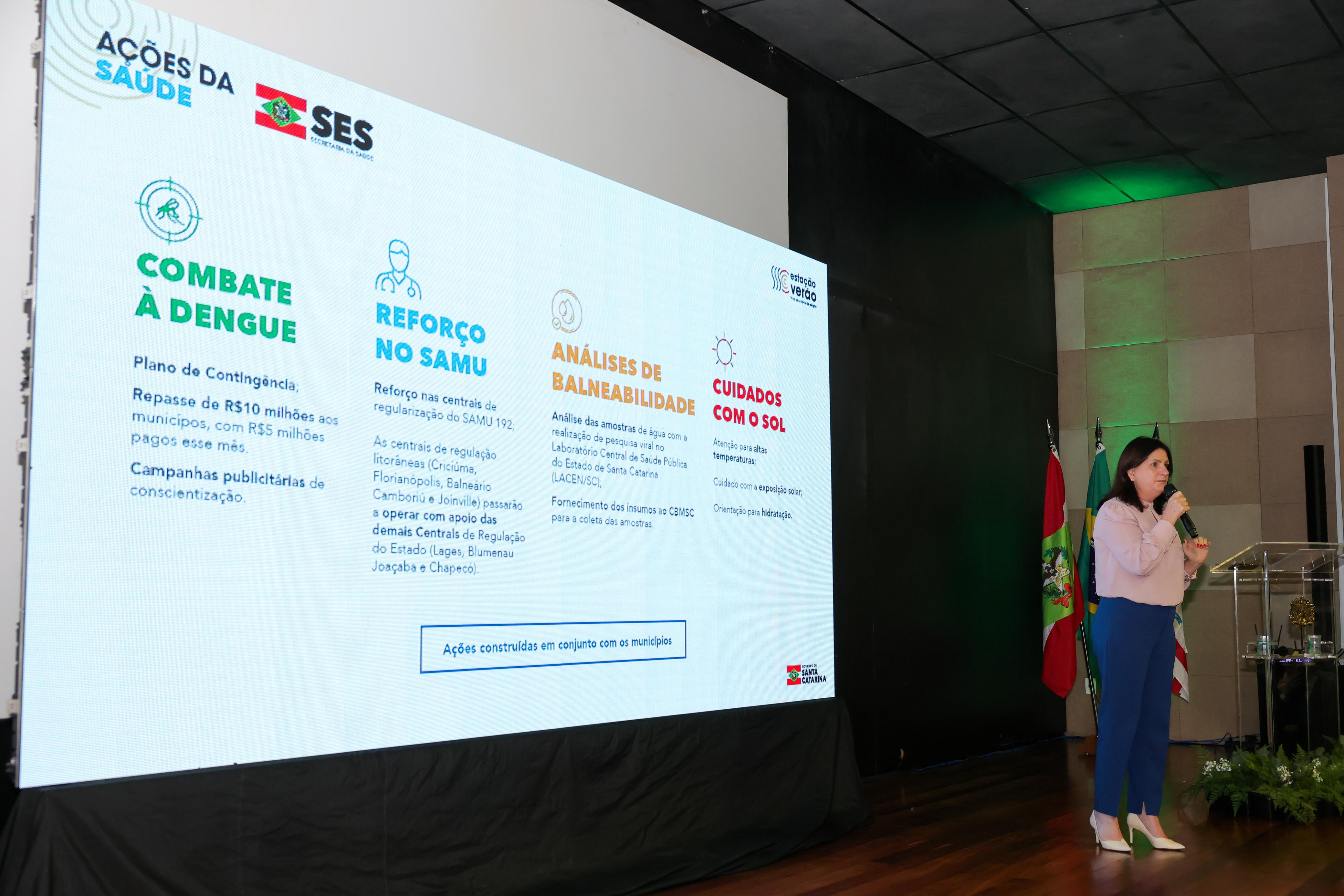A imagem mostra uma mulher falando ao microfone em um auditório, posicionada ao lado de um telão que exibe uma apresentação sobre ações da saúde do Governo de Santa Catarina (SES – Secretaria da Saúde).  O slide apresenta quatro tópicos principais, com ícones e cores distintas:  Combate à Dengue – menciona plano de contingência, repasse de R$ 10 milhões aos municípios (com R$ 5 milhões pagos no mês) e campanhas de conscientização.  Reforço no SAMU – trata do reforço nas centrais de regulação, especialmente em regiões litorâneas, com apoio de centrais de outras cidades do estado.  Análises de Balneabilidade – refere-se à análise de amostras de água pelo LACEN/SC e fornecimento de insumos para coleta.  Cuidados com o Sol – alerta para prevenção de doenças causadas por altas temperaturas e exposição solar, incentivando hidratação.  Ao fundo, há duas bandeiras (de Santa Catarina e do Brasil) e iluminação com luz verde suave. O evento parece ser uma apresentação institucional de prestação de contas ou divulgação de medidas preventivas.