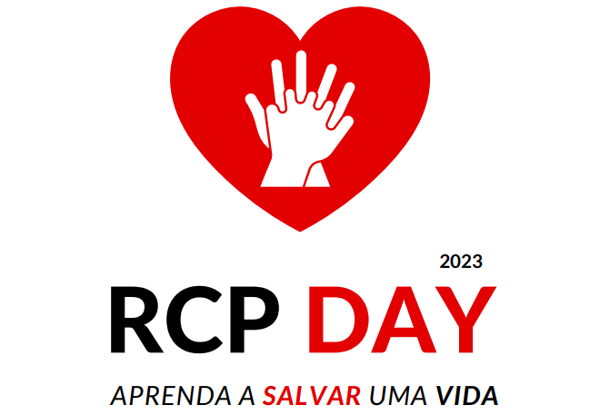 Ilustração com um coração vermelho e duas mãos sobrepostas simbolizando a técnica de ressuscitação cardiopulmonar. Abaixo, os dizeres “RCP DAY 2023 – Aprenda a salvar uma vida”, com destaque para as palavras “DAY” e “SALVAR” em vermelho. Design limpo com ênfase na importância da capacitação em primeiros socorros.