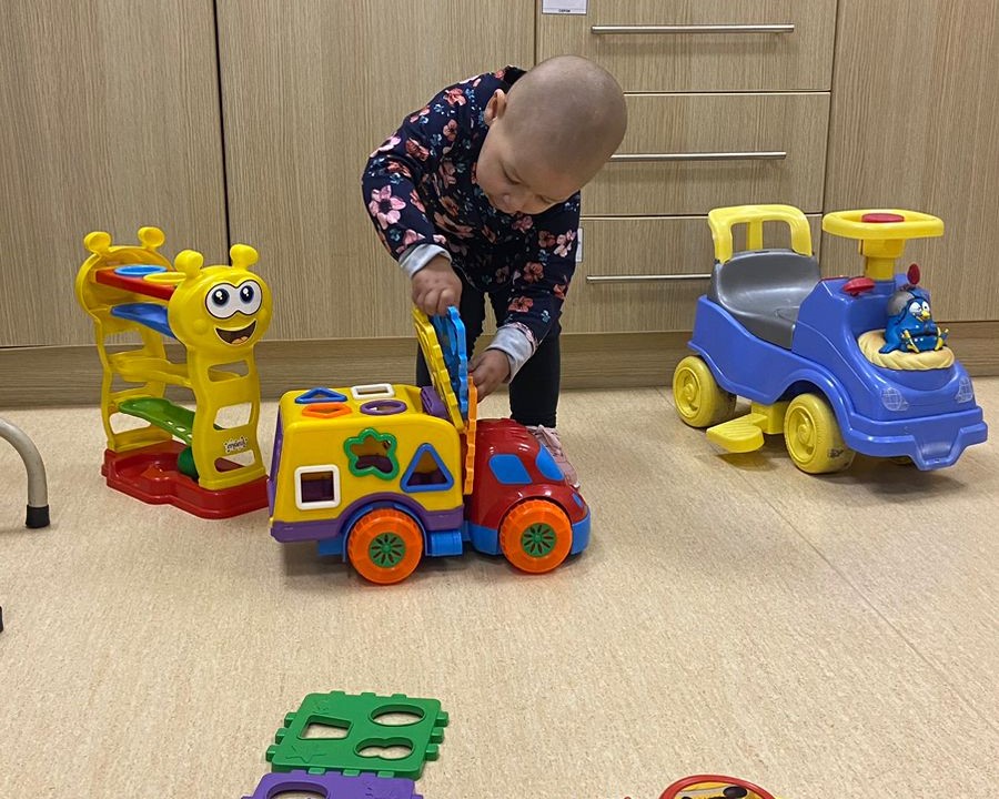 Criança pequena, com cabeça raspada, veste blusa de mangas compridas estampada com flores e brinca com caminhão de brinquedo colorido que possui formas geométricas encaixáveis. Ao lado, há um brinquedo amarelo com pistas e um carro azul de brinquedo com assento. O ambiente parece ser uma sala infantil com piso claro e armários de madeira ao fundo.