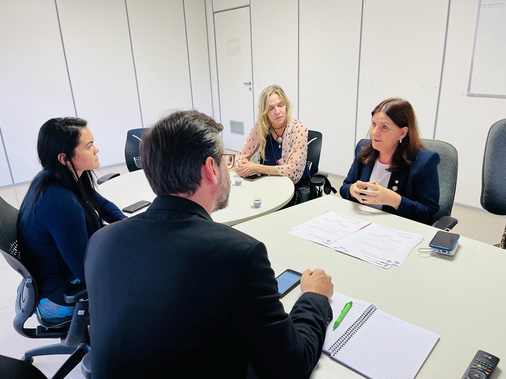 Quatro profissionais, dois homens e duas mulheres, participam de uma reunião em uma sala corporativa. Eles estão sentados em torno de uma mesa com documentos, cadernos e celulares, demonstrando diálogo e planejamento conjunto.