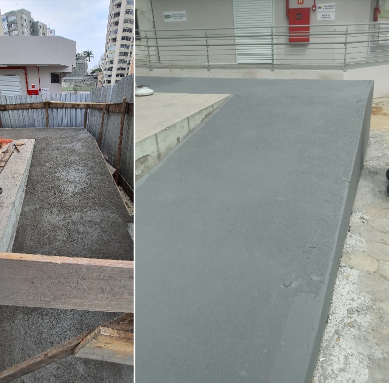 Montagem com duas imagens: à esquerda, obra em fase de concretagem de uma rampa com estrutura de madeira ao redor; à direita, a rampa finalizada em concreto liso, com acesso a uma porta branca e corrimão metálico na lateral do prédio.