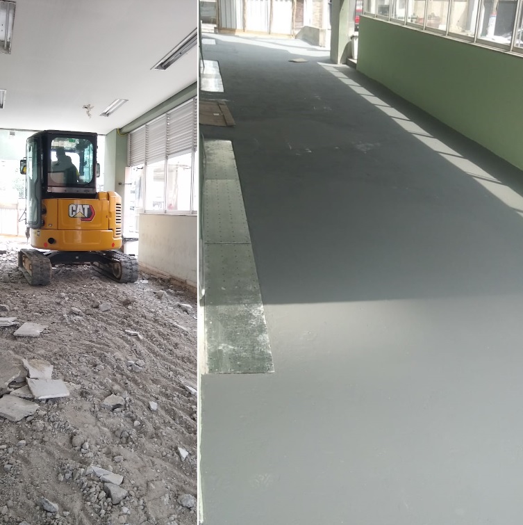 Montagem com duas imagens: à esquerda, obra em andamento com uma escavadeira sobre solo de terra e entulho; à direita, o local finalizado com rampa de concreto liso e acabamento ao lado de janelas de vidro e parede verde clara.