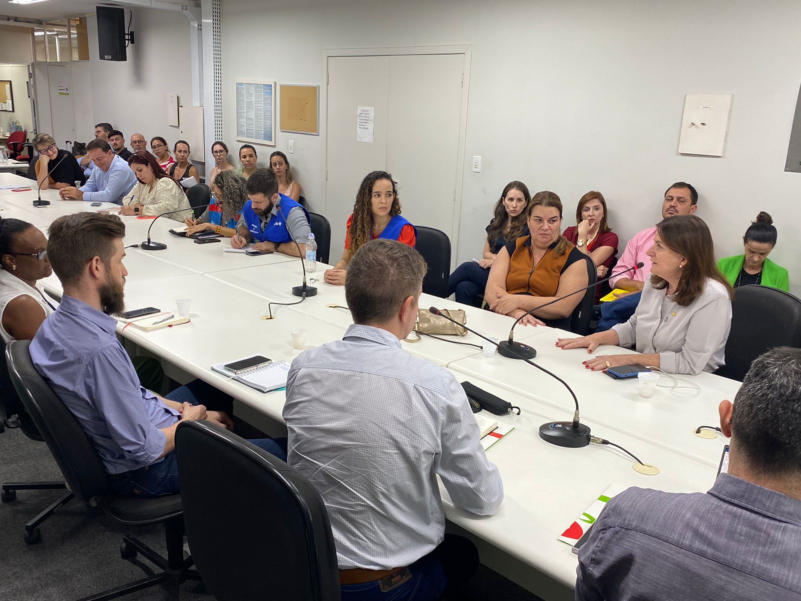 Reunião em ambiente institucional com cerca de 25 pessoas sentadas ao redor de uma mesa retangular branca, discutindo temas relacionados à saúde pública. Várias pessoas fazem anotações e usam microfones, enquanto uma mulher fala ao grupo. A atmosfera é séria e atenta.