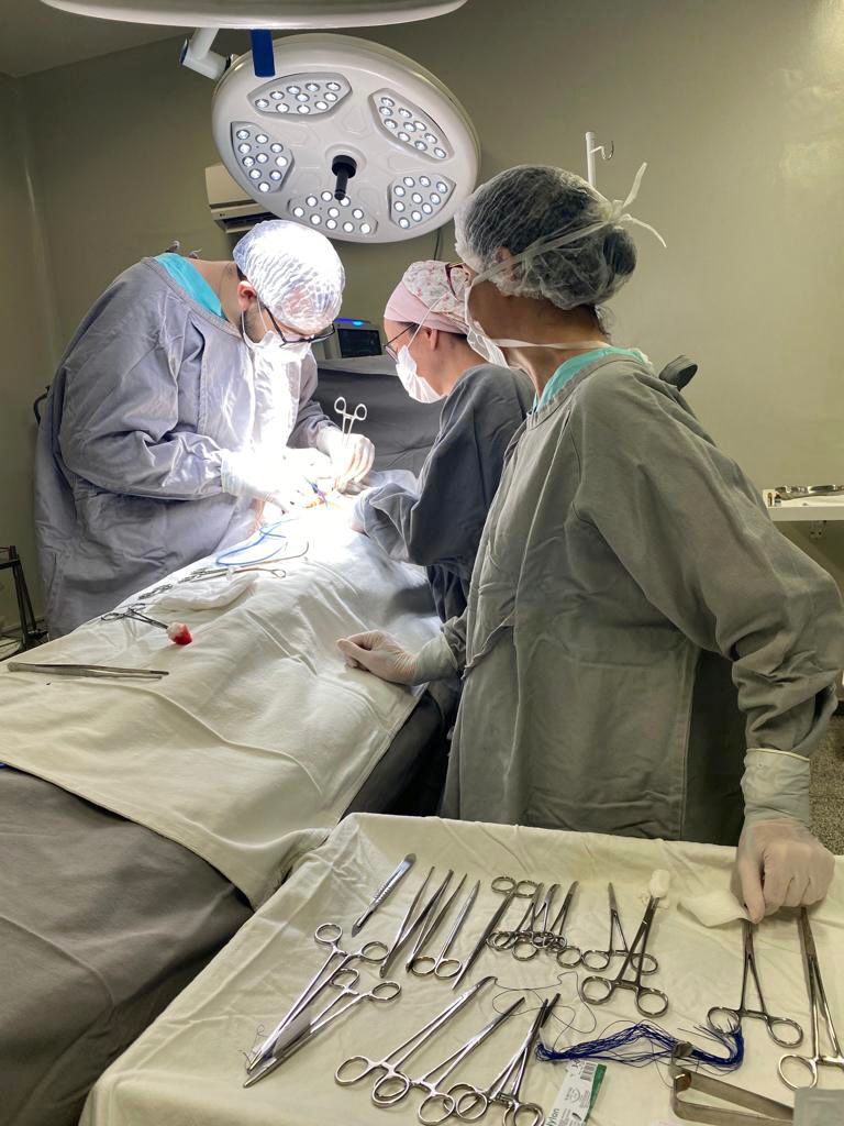 Equipe médica realiza procedimento cirúrgico em sala de operação. Três profissionais, vestidos com aventais, luvas e toucas cirúrgicas, concentram-se na cirurgia. Um deles manipula instrumentos enquanto outro observa. Em primeiro plano, uma mesa com diversos instrumentos cirúrgicos organizados sobre campos estéreis. Acima, uma luminária cirúrgica acesa ilumina o campo operatório.