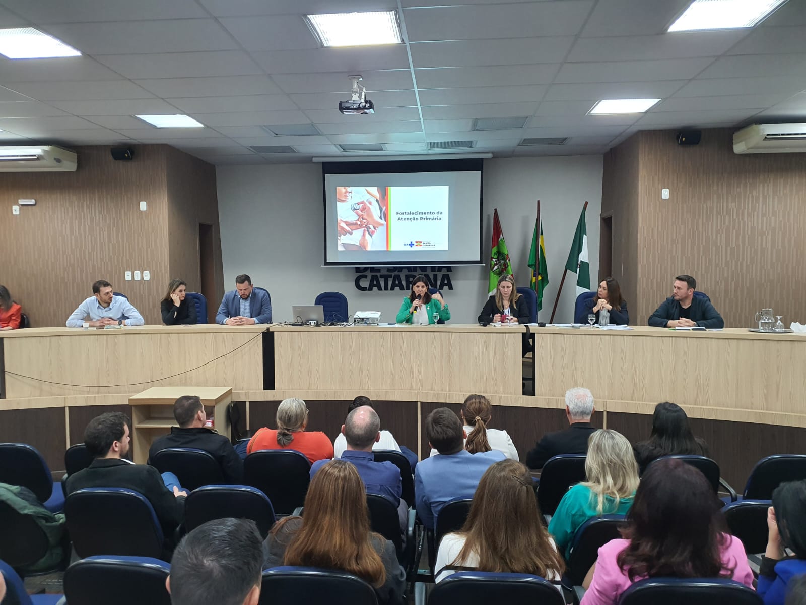 Plenária com representantes da saúde em mesa diretiva e público sentado em auditório; ao fundo, tela com o tema Fortalecimento da Atenção Primária, bandeiras e brasão de Santa Catarina.