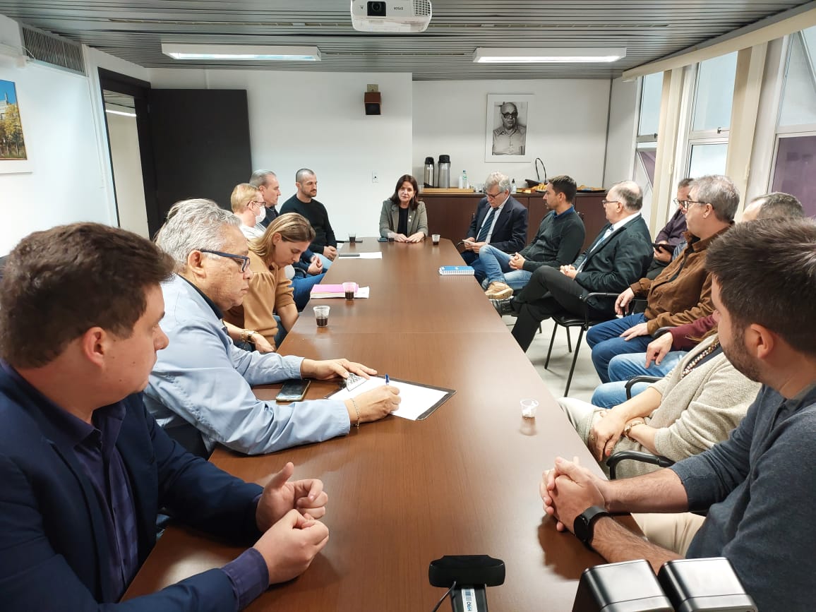 Reunião com cerca de 18 pessoas sentadas ao redor de uma grande mesa retangular em uma sala de reuniões. No centro da cabeceira, uma mulher fala, enquanto os demais participantes, entre eles diretores, autoridades e profissionais, acompanham atentos e fazem anotações.