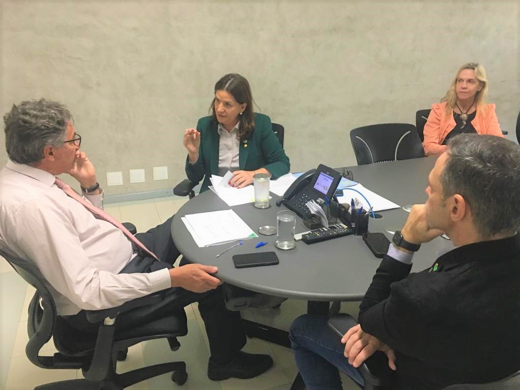 Quatro pessoas sentadas ao redor de uma mesa de reuniões discutem temas com seriedade. Uma mulher ao centro gesticula enquanto fala, com papéis e um telefone corporativo à sua frente. Um homem de terno e gravata escuta atentamente, enquanto os outros dois participantes observam a conversa. A sala tem aparência corporativa, com parede cinza e iluminação clara.