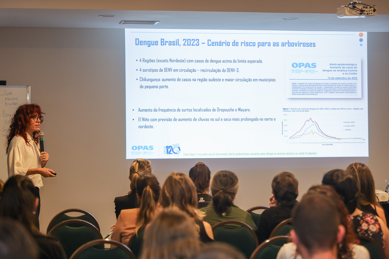 seminario dengueMulher de cabelos cacheados e ruivos, vestindo blusa branca, apresenta com microfone e controle remoto em mãos diante de um telão. No slide projetado, com título “Dengue Brasil, 2023 – Cenário de risco para as arboviroses”, há textos, um gráfico de casos de dengue e um quadro da OPAS. Pessoas estão sentadas, assistindo à palestra em uma sala de conferências.