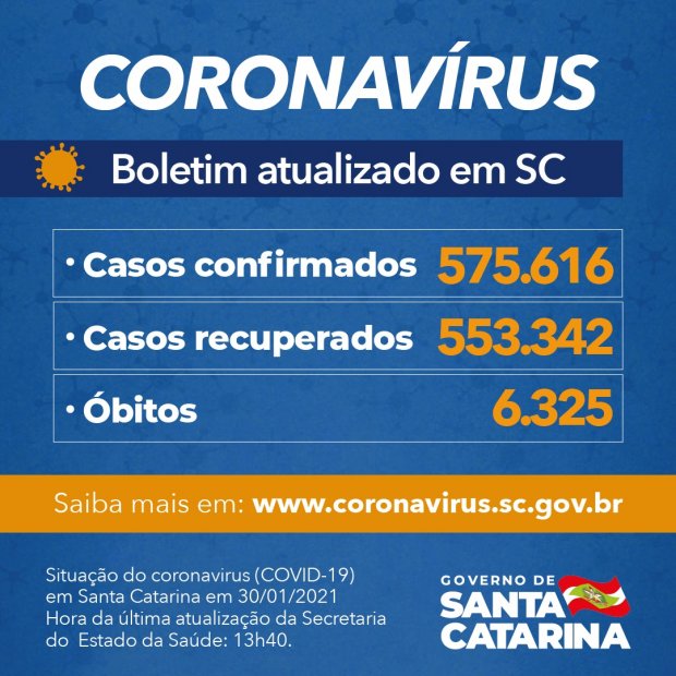 Arte informativa do Governo de Santa Catarina com boletim atualizado da COVID-19, datado de 30/01/2021 às 13h40. O card apresenta os seguintes números: 575.616 casos confirmados, 553.342 casos recuperados e 6.325 óbitos. O fundo é azul com detalhes em laranja e destaca o site www.coronavirus.sc.gov.br para mais informações.