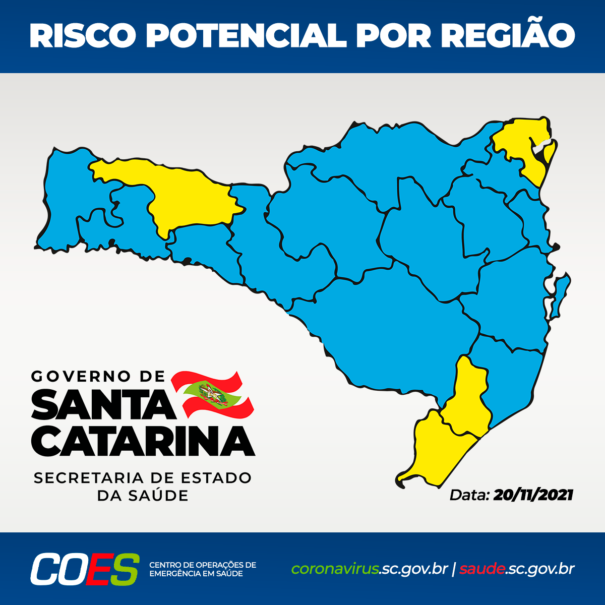 Matriz com mapa de Santa Catarina com regiões em amarelo e azul.