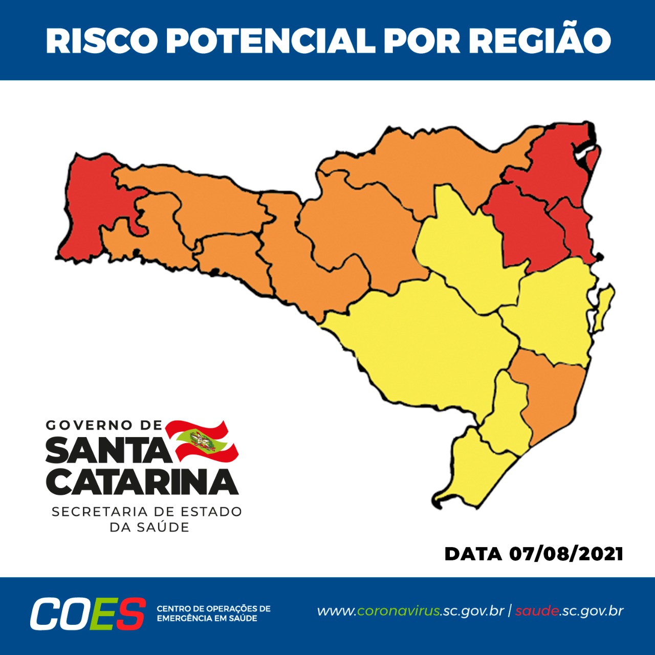 Matriz com mapa de Santa Catarina com regiões em laranja, amarelo e vermelho.